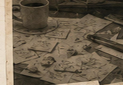Sepia desk photo showing scattered AI notes and coffee